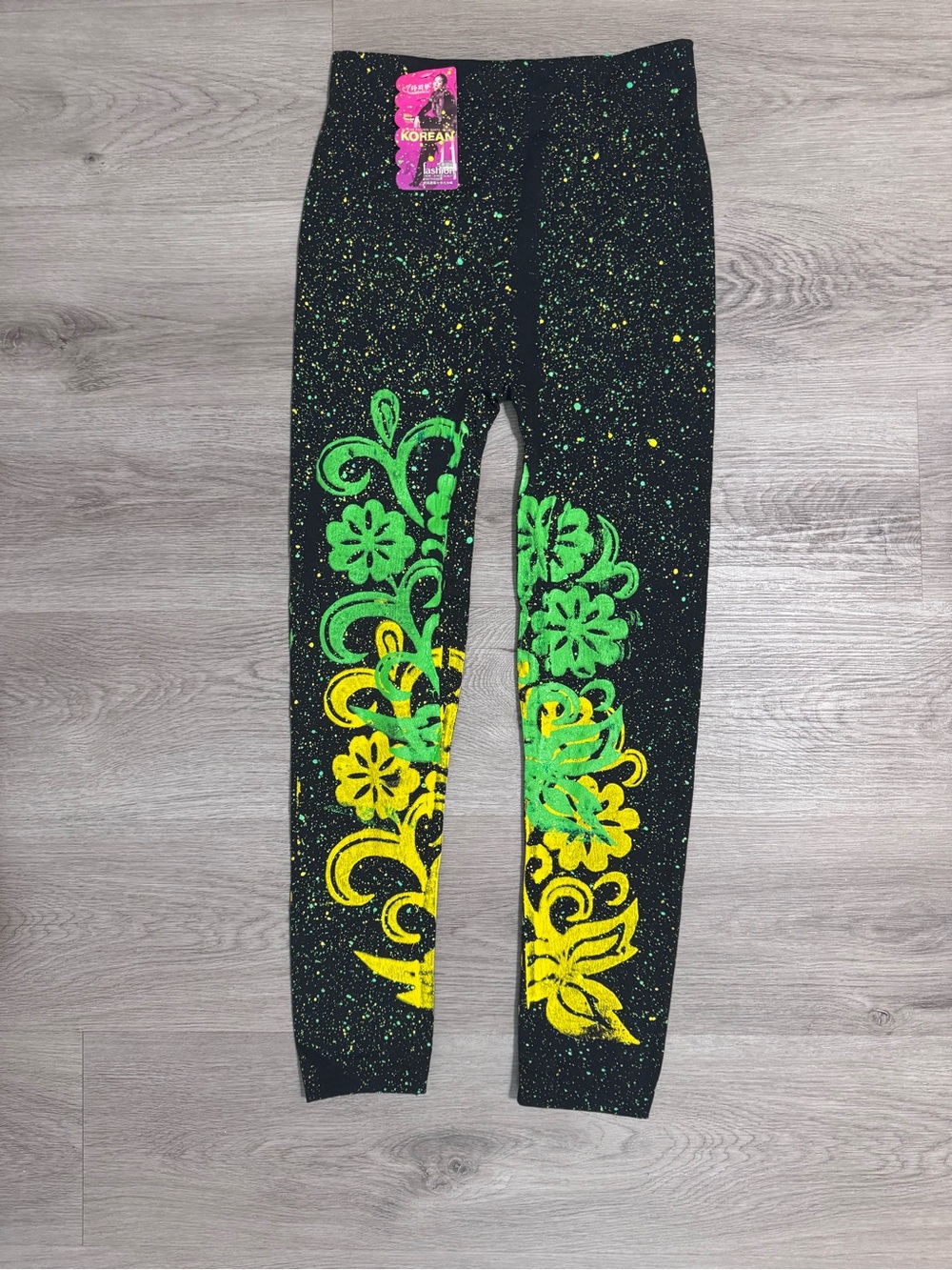 NWT Black Leggings with Green & Yellow Floral Print